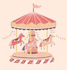 Old-fashioned style carousel, roundabout or merry-go-round with horses. Amusement ride for children's entertainment decorated with garlands. Colorful vector illustration in flat cartoon style. © Good Studio