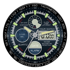 Realistic watch chronograph clock face on white background luxury vector illustration.