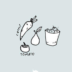 Hand drawn: pear, apples, carrot and tomato