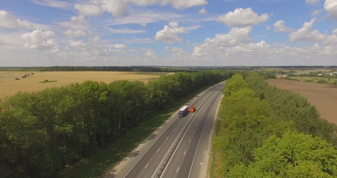 Aerial view of road between fields