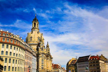 The Neumarkt square and Frauenkirche (Church of Our Lady) is Lutheran Church of Saxony at summer,...
