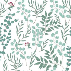 Antique floral seamless pattern with beautiful eucalyptus branches, leaves and flowers on white background. Hand drawn decorative vector illustration for fabric print, wrapping paper, backdrop.