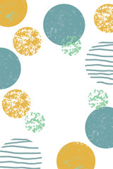 geometric background with text box area with circles in trendy ocher, mint, turquoise, yellow, blue, white, green
