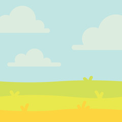 Soft nature landscape with blue sky, hills and green grass. Rural scenery. Field and meadow. Vector illustration in simple minimalistic flat style. Scene for your artwork and design.