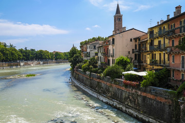 Verona, Italy - July, 15, 2018: embankment of Adige river in Verona, Italy