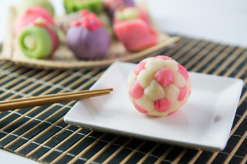 Japanese traditional confectionery cake wagashi served on plate