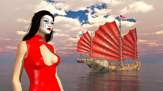 Asian woman with theatrical makeup and Chinese junk ship