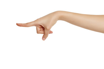 female hand index finger pointing on white background