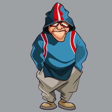 cartoon pensive man in glasses and hood