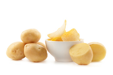 Naklejka na ściany i meble crispy chips and raw potato on white background