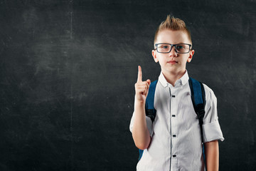 Portrait of a boy from an elementary school on a background of a school board. The concept back to school, knowledge day, the first of September, the beginning of school activities.