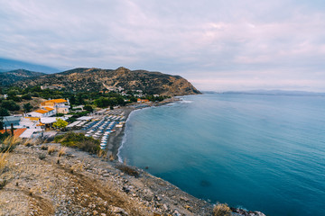 Aerial Top Panorama view of Aghia Galini beach at Crete island in Greece. South coast of the Libyan sea.