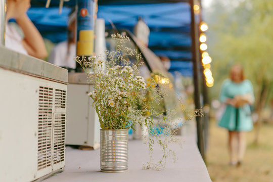 Summer Picnic In Nature Outside The City. Decorations, Flowers, Food, Rug