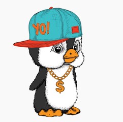 The poster with the image penguin portrait in hip-hop hat. Vector illustration.
