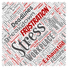 Vector conceptual mental stress at workplace or job pressure human square red word cloud isolated background. Collage of health, work, depression problem, exhaustion, breakdown, deadlines risk