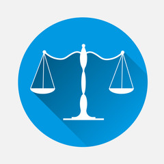 Balance scale icon. Vector illustration on blue background. Flat image scales with long shadow. Layers grouped for easy editing illustration. For your design.