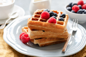 Homemade belgian waffles with berries for breakfast. Closeup view