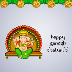 illustration of Hindu God Ganesh with happy Ganesh Chaturthi text on the occasion of Hindu Festival Ganesh Chaturthi 