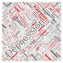 Vector conceptual depression or mental emotional disorder problem square red word cloud isolated background. Collage of anxiety sadness, negative sad, despair, unhappy, frustration symptom