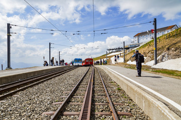 Naklejka premium Rigi bahn electric cable tram on Rigi kulm Luzern Switzerland, Alpine mountain