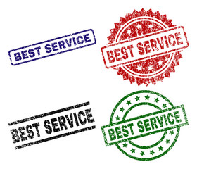 BEST SERVICE seal prints with distress style. Black, green,red,blue vector rubber prints of BEST SERVICE title with dirty surface. Rubber seals with round, rectangle, medallion shapes.