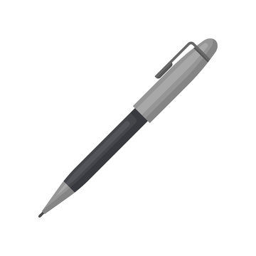 Gray ballpoint pen with cap. Office supply theme. Instrument used for writing and drawing. Flat vector design