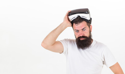 Sensational feelings of using VR headset. Man bearded hipster with virtual reality headset on white background isolated. How virtual reality glasses work. What benefits of virtual reality headset