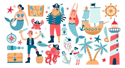 Fotobehang Piraten Verzameling van schattige piraten, zeilschip, zeemeerminnen, zeevissen en onderwater wezens, schatkist, vuurtoren geïsoleerd op een witte achtergrond. Kinderachtige vectorillustratie in platte cartoonstijl.