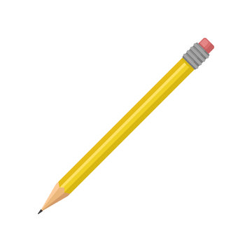Flat vector icon of yellow wooden pencil with pink eraser. Stationery supply. Instrument for writing or drawing