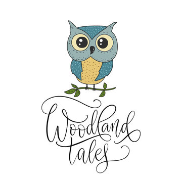 Cute hand vector drawn card with little owl and handdrawn lettering quote. Woodland tales.