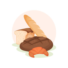 Fresh bakery products. Wheat and rye bread, loaf and croissant. Flat vector element for poster of grocery store