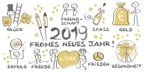 2019 Frohes neues Jahr illustrierte Grußkarte mit Symbolen - gold schwarz