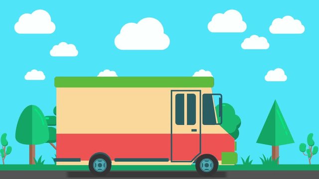 Delivery truck animation against the background of forest.2D animation. Moving city background. Cartoon car