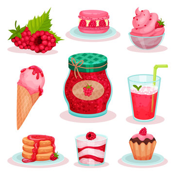 Flat vector set of raspberry food and drink. Ice-cream, jar of jam, fresh cocktail and tasty desserts. Elements for menu or recipe book