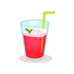 Glass of fresh raspberry cocktail with drinking straw. Fruit beverage. Tasty summer drink. Flat vector for cafe or restaurant menu