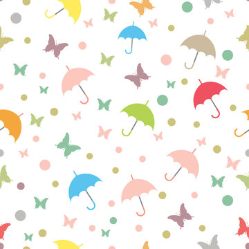 Seamless pattern of umbrellas and butterflies. Vector Image