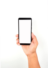 Hand holding White Smartphone on white background