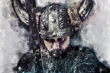 Watercolor, Sword, Viking warrior with helmet over forest background
