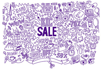 Pen ink Hand drawing Shopping symbols background and lettering headline Big sale. Doodle sketch style, vector Illustration. For banners, posters, flyers.
