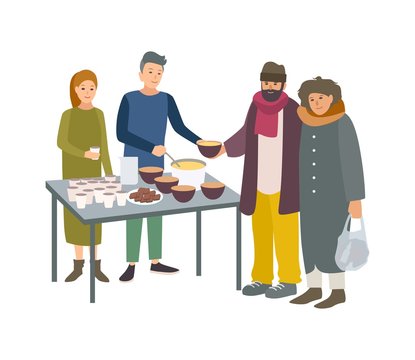 Young male and female volunteers feeding poor homeless people isolated on white background. Man and woman giving food to beggars on street. Voluntary altruistic activity. Cartoon vector illustration.