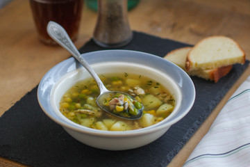 soup with meat and vegetables  dish. food background. Top view with copy space