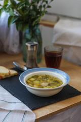 soup with meat and vegetables  dish. food background. Top view with copy space