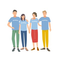 Obraz premium Group of young people wearing t-shirts with Volunteer word on it. Team of men and women volunteering for charity organization isolated on white background. Vector illustration in flat cartoon style.
