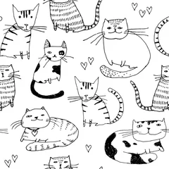 Tapeten Nahtloses Muster. Wallpaper mit Fantasy-Katzen-Cartoon-Tieren auf weißem Hintergrund. Handgezeichnete Vintage-Textur. © Tatiana 