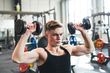 Young fit man in gym exercising with dumbbells.
