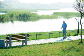 Wide angle portrait of active senior man practicing Nordic walking with poles outdoors in park along lake, copy space