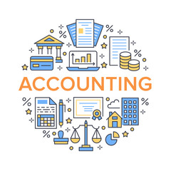 Obraz premium Financial accounting circle poster with flat line icons. Bookkeeping brochure concept, tax optimization, loan, payroll, real estate crediting. Accountancy, finance thin vector signs for legal services