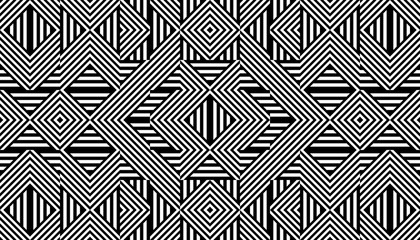 Seamless pattern with striped black white straight lines and diagonal inclined lines (zigzag, chevron). Optical illusion effect, op art. Background for cloth, fabric, textile, tartan. - obrazy, fototapety, plakaty