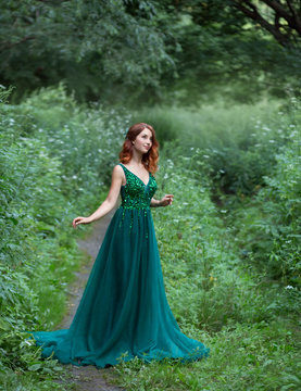 A beautiful young woman with a red hair. A gorgerous dress with a long plume.