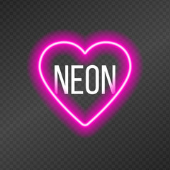 Neon tubes in the shape of a heart isolated on a dark transparency grid.